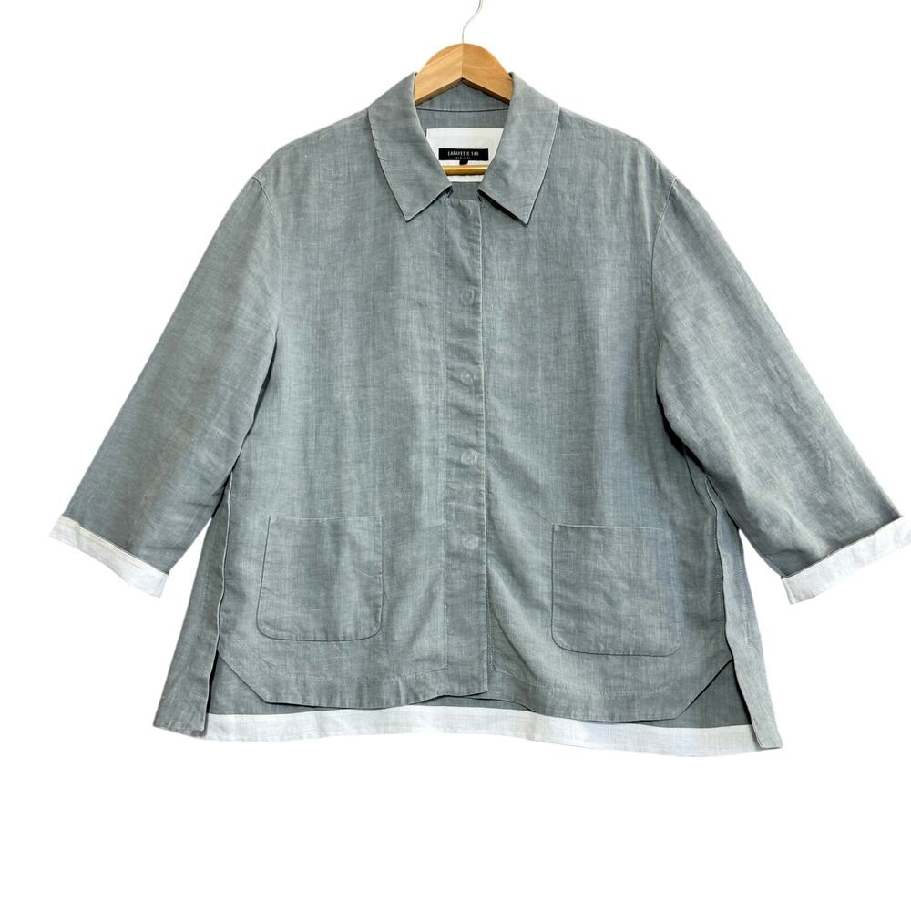 LAFAYETTE 148 NEW YORK Snap Shacket Gray with White Trim 100% Linen‎